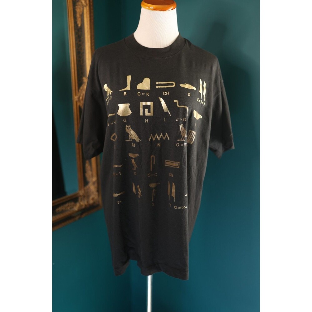 Vintage Screen Stars Hieroglyphic Alphabet T Shirt Black Gold XL Egyptian